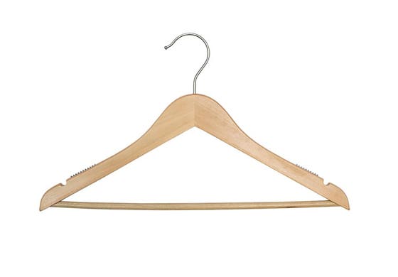 Wooden hanger with a metal hook on a white background