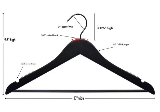 Black hanger with measurements labeled on a white background