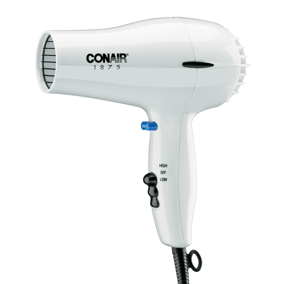 White Conair hair dryer on a white background