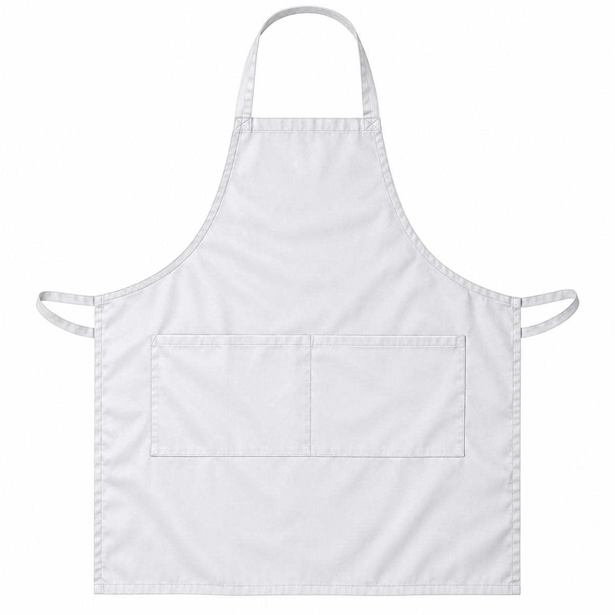 Pictured: White 34X36 twill bib apron with two front pockets laid out against a white background