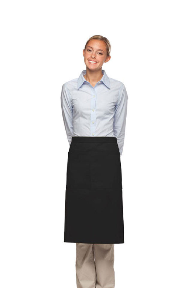 Model wearing long apron