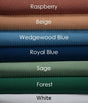 Product shot of stacked bed spreads on top of each other in a variety of colors. From top to bottom names are; Raspberry, a reddish brown, Beige, Wedgewood Blue, Royal Blue, Sage Green, Forest Green, White. Wholesale supplier of bed linens for hotels, healthcare and hospitality.