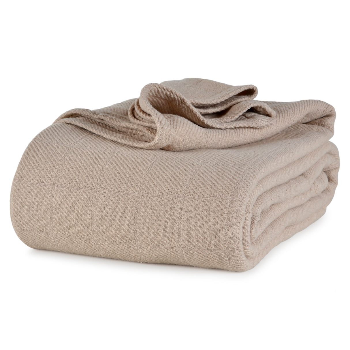 A product photo shot of a beige, textured, cotton blanket. It is neatly folded.