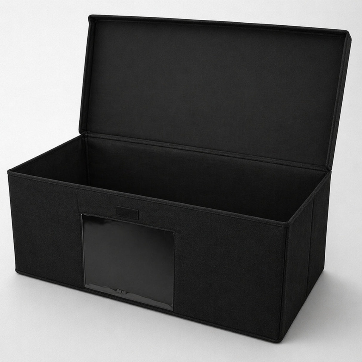 Black storage box with a lid on a white background