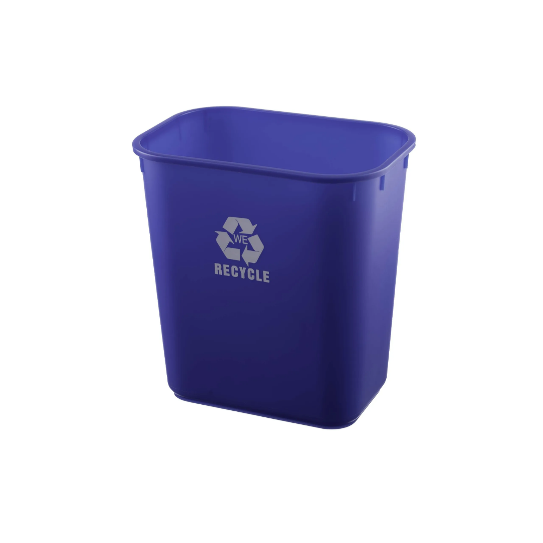 Pictured: Blue rectangular recycling wastebasket against a white background. The white text on the basket says WE RECYCLE with the recycle symbol.