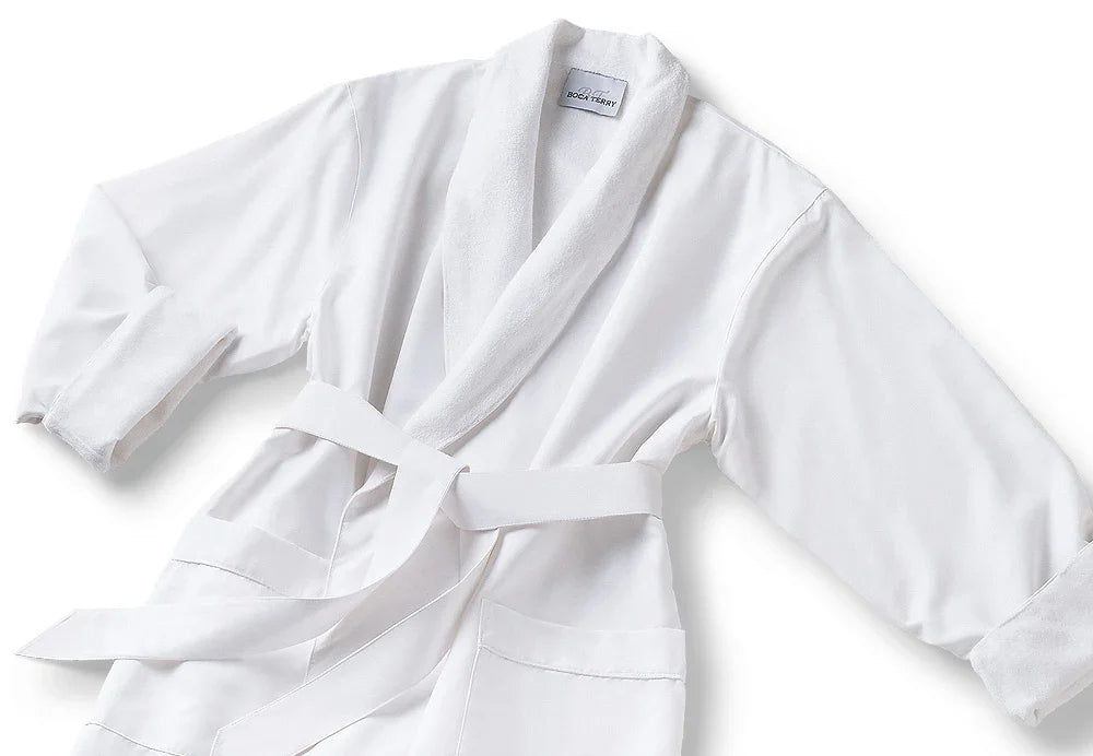 A white microfiber classic shawl collar bathrobe with a belt tied around the waist, featuring a cozy roll-up collar and cuffs.