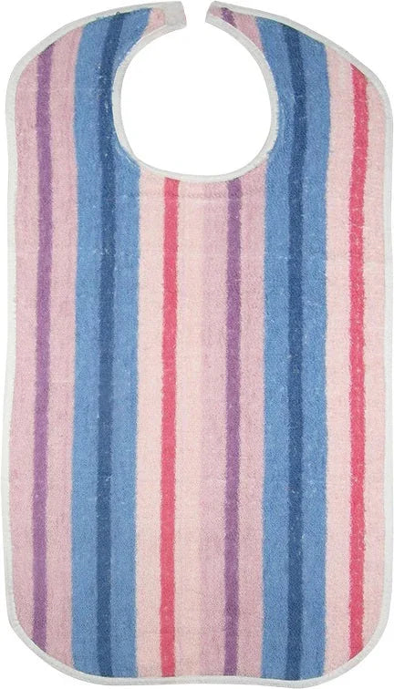 Product shot of multicolor clothing protector. Colors include; pink, purple, blue and red in a stripe pattern.