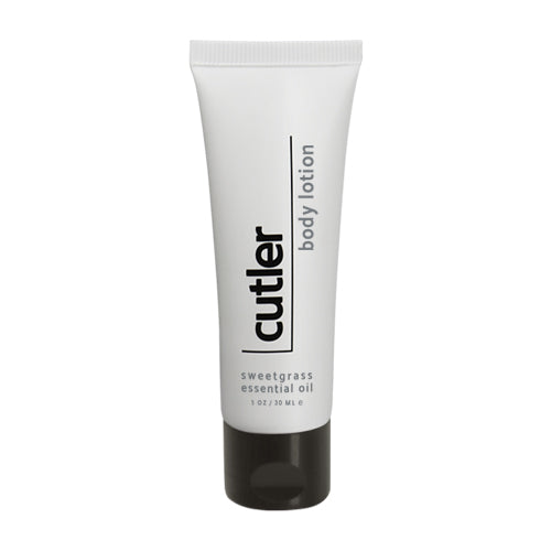 Product shot of Cutler body lotion in sweetgrass essential oil. Size 1oz or 30ml. White background.