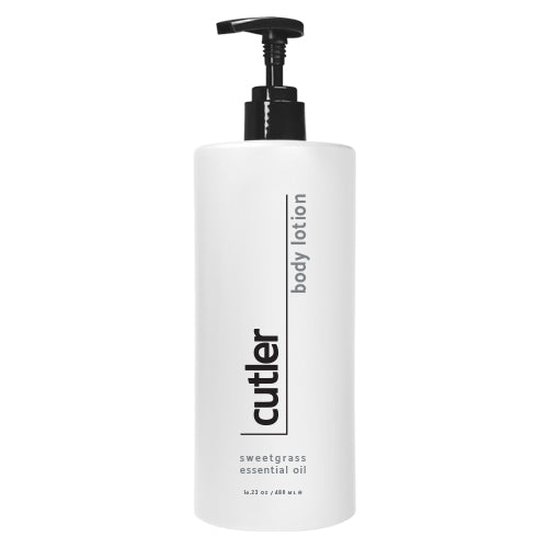 Product shot of a white bottle with pump dispenser of a body lotion. The text reads: "Cutler body lotion, sweetgrass essential oil, 16.23 oz or 480ml. The background is white.