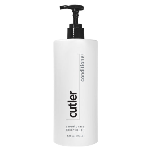 Product shot of a white bottle with pump dispenser of a conditioner. The text reads: "Cutler conditioner, sweetgrass essential oil, 16.23 oz or 480ml. The background is white.