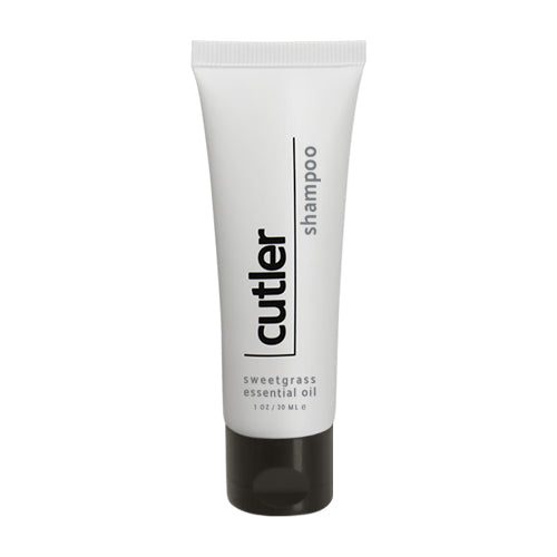 Product shot of Cutler shampoo in sweetgrass essential oil. Size 1oz or 30ml. White background.