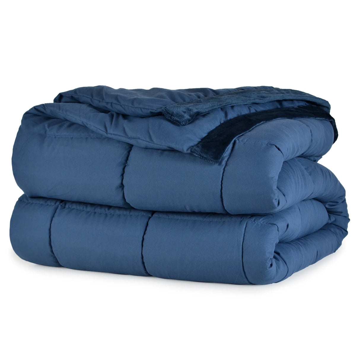 Marine navy blue colored fluffy and luxurious blanket neatly folded. Product shot.