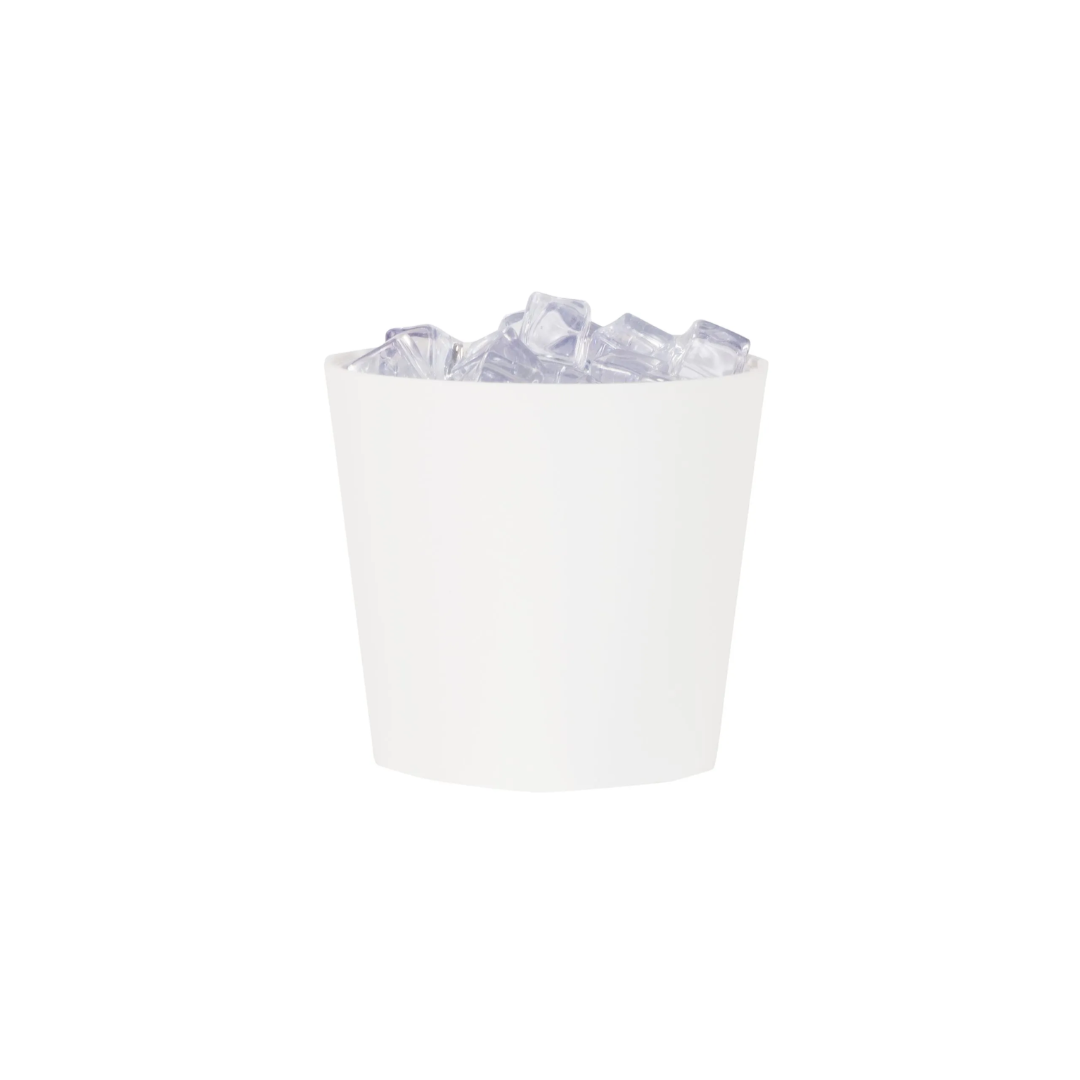 White ice bucket filled with ice cubes on a white background