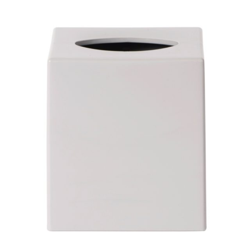 Pictured: Eco Contour Boutique Tissue Box Cover in the shade "Gray" against a white background. You can see where the tissues come out on the top of the box.