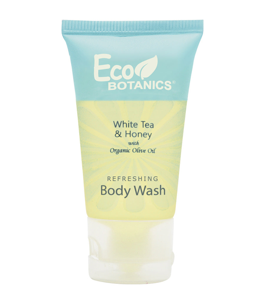 EcoBotanics sample hotel amenity refreshing body wash with white tea and honey with organic olive oil.
