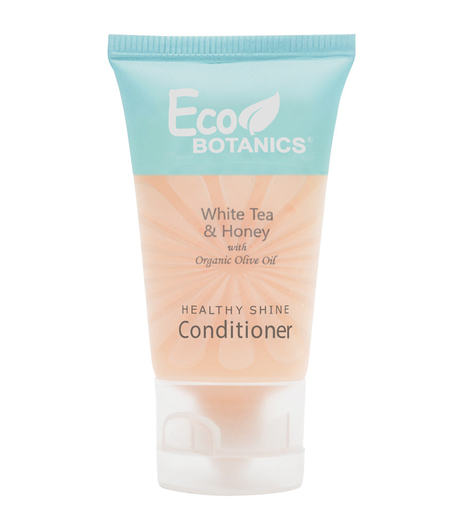 Eco Botanics white tea and honey with organic olive oil healthy shine conditioner. Product shot with white background.