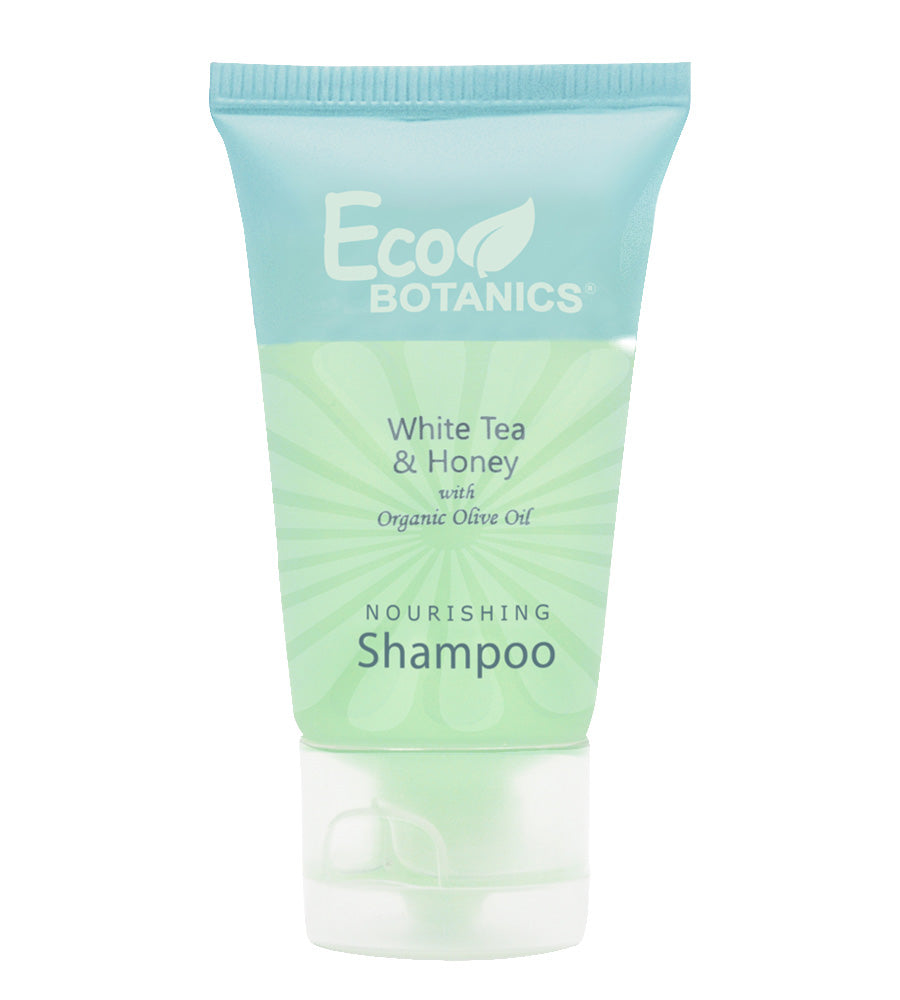 Eco Botanics white tea and honey with organic olive oil nourishing shampoo sample size product shot. hite background.