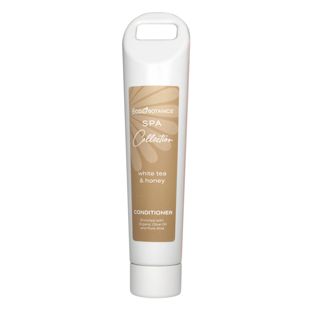 EcoBotanics Spa Collection white ta and honey conditioner enriched with organic olive oil and pure aloe. Product hot with white background.
