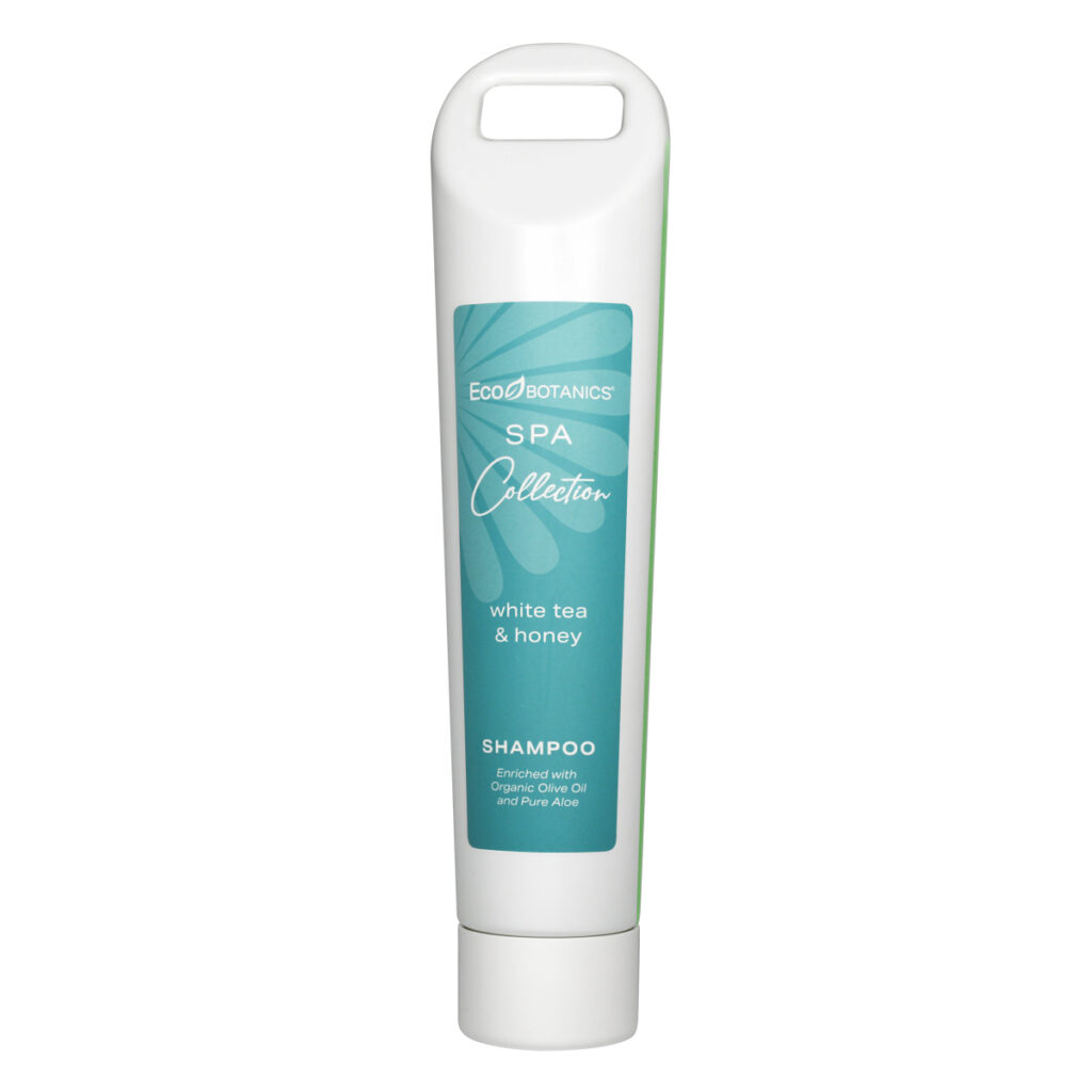 EcoBotanics spa collection white tea and honey shampoo with enriched organic olive oil and pure aloe. Product shot with white background.