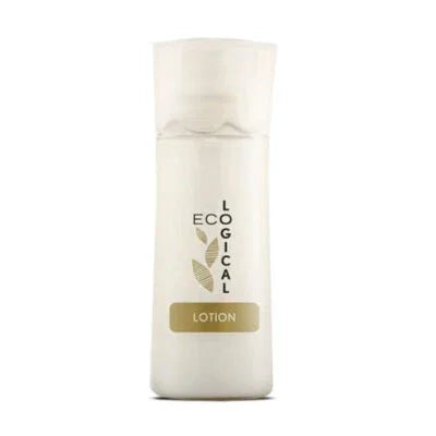 Hotel amenity of a luxurious body lotion from Eco Logical. Product shot. White background.