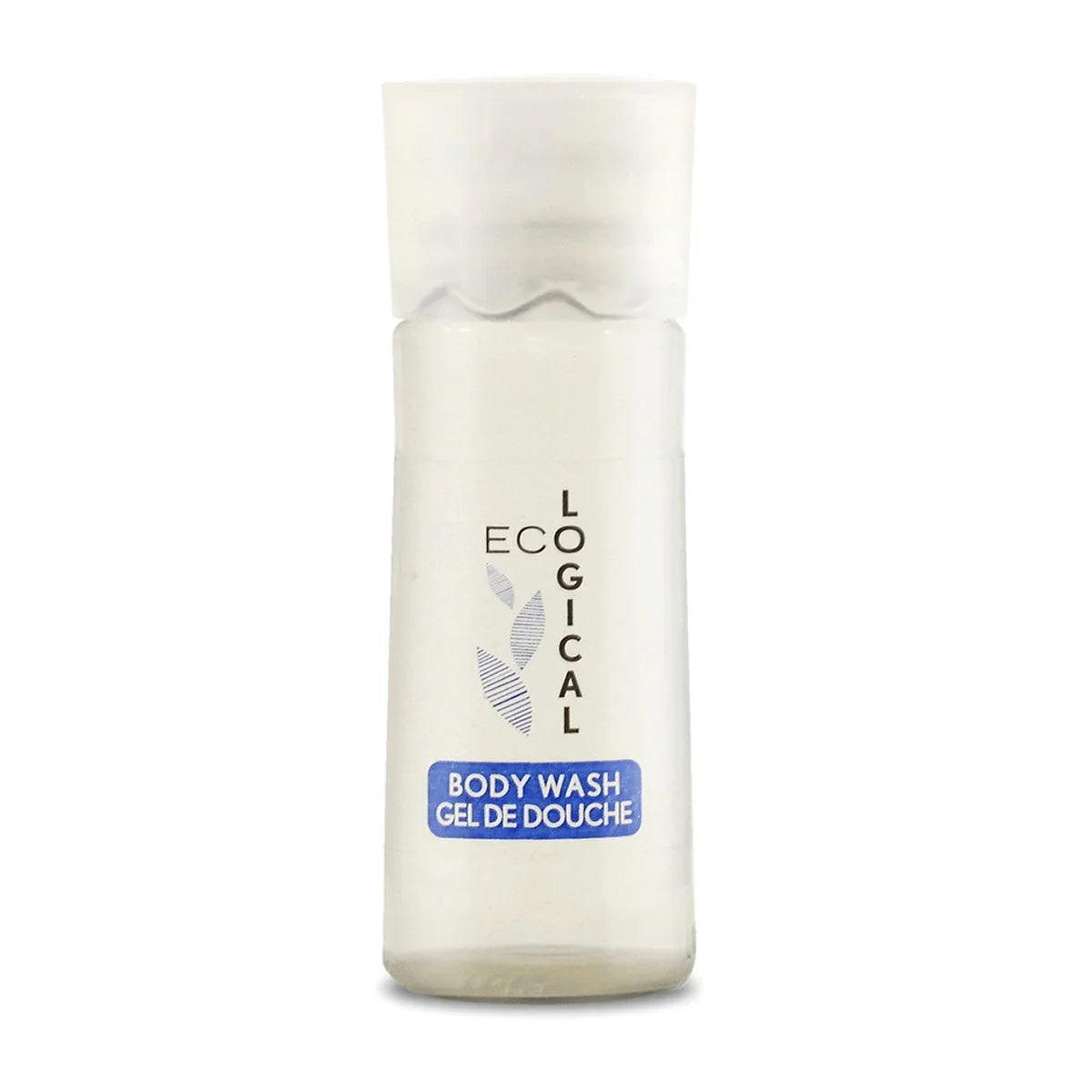 Eco Logical body wash hotel amenity for hotel wholesale supply. Product shot. White background.
