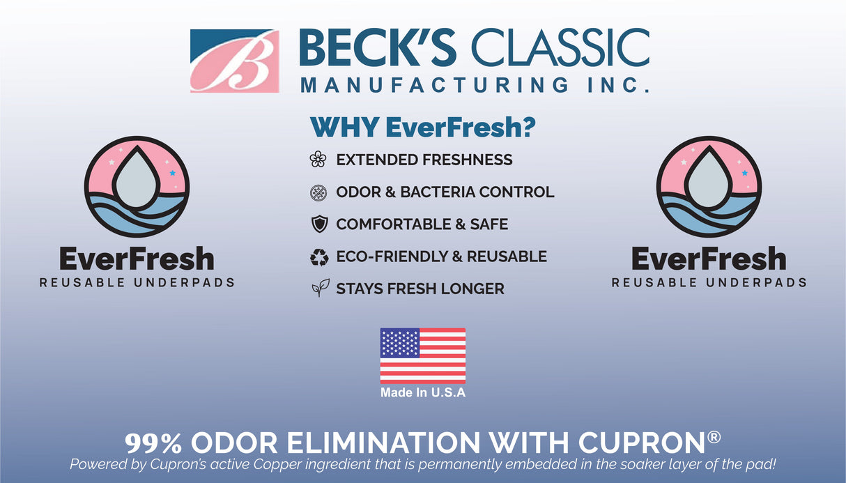 Advertisement for Beck's Classic Manufacturing Inc. EverFresh reusable underpads with features and branding details.