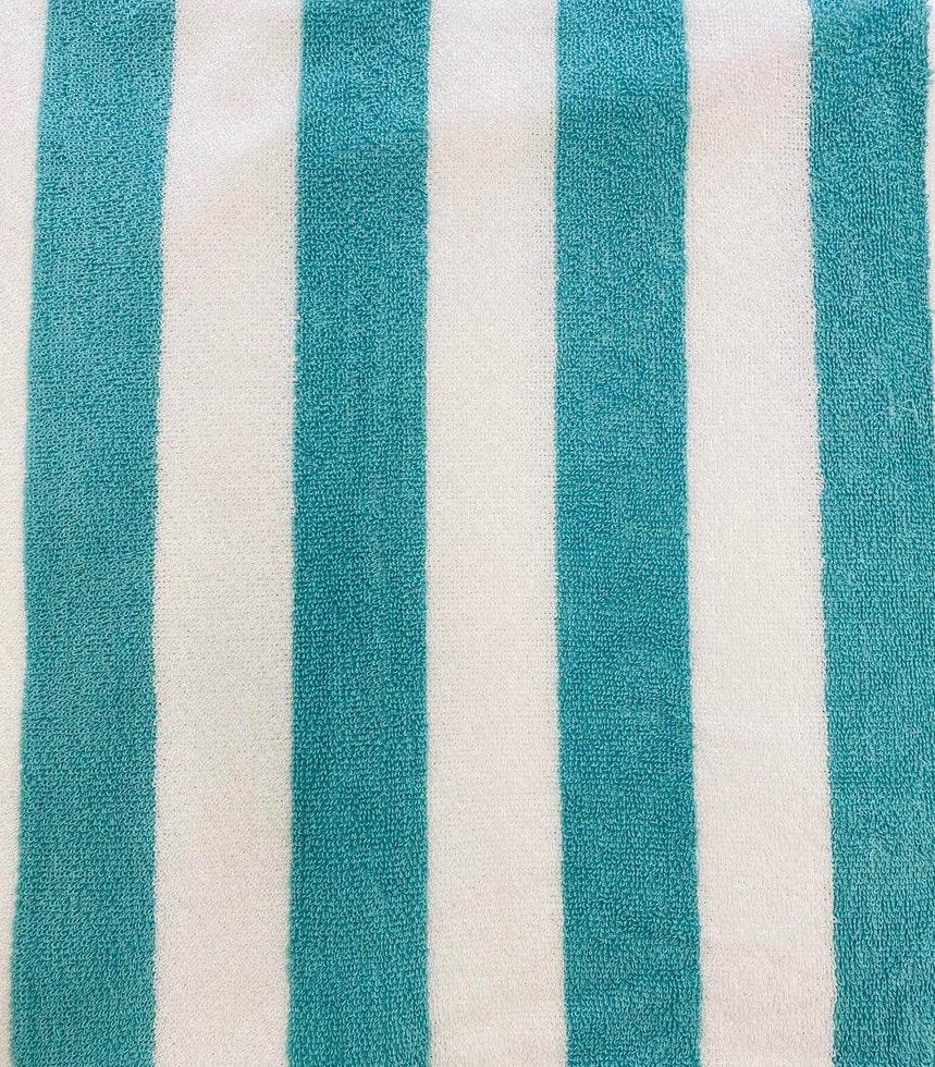 Close-up of a fabric with blue and white vertical stripes.