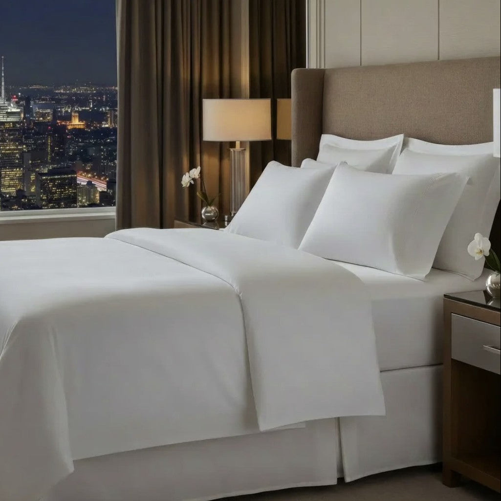 Pictured: Neatly made bed with white linens in a room with a cityscape view at night. The Gryphon Duvet Cover is featured on the bed.