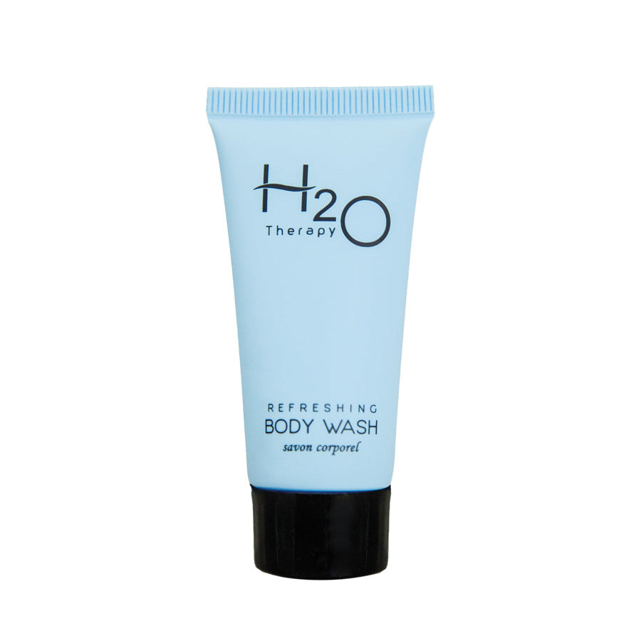 Pictured: H2O Therapy Refreshing Body Wash in a blue squeeze tube, standing up on the black cap against a white background.