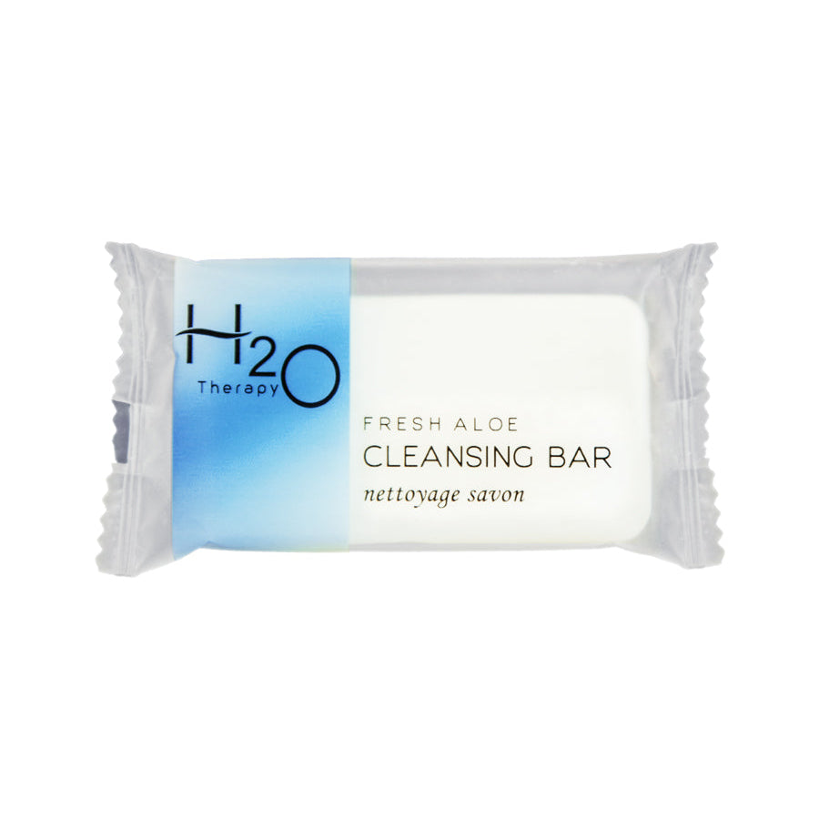 Pictured: H2O Therapy Fresh Aloe Cleansing Bar in it's plastic packaging against a white background.