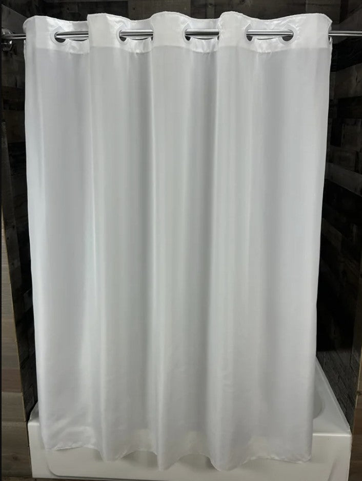 A white nylon shower curtain with hang2it brand tear drop style buckles. The curtain is displayed in a folded state against a white background.