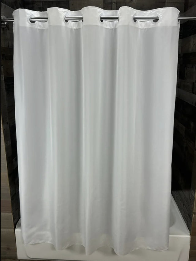 A white nylon shower curtain with hang2it brand tear drop style buckles. The curtain is displayed in a folded state against a white background.