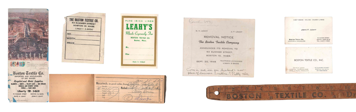 Photo collab of history receipts from Boston Textile Co. dated as far back as 1933