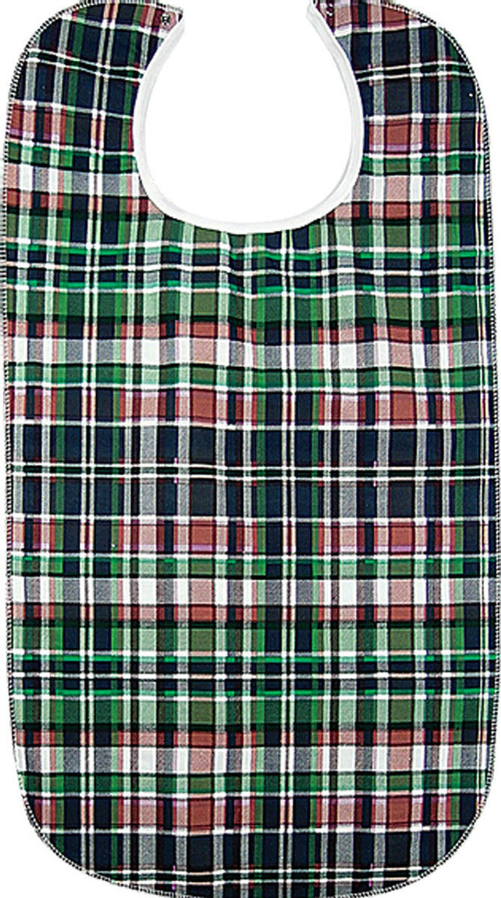Plaid patterned bib with green, red, and white colors