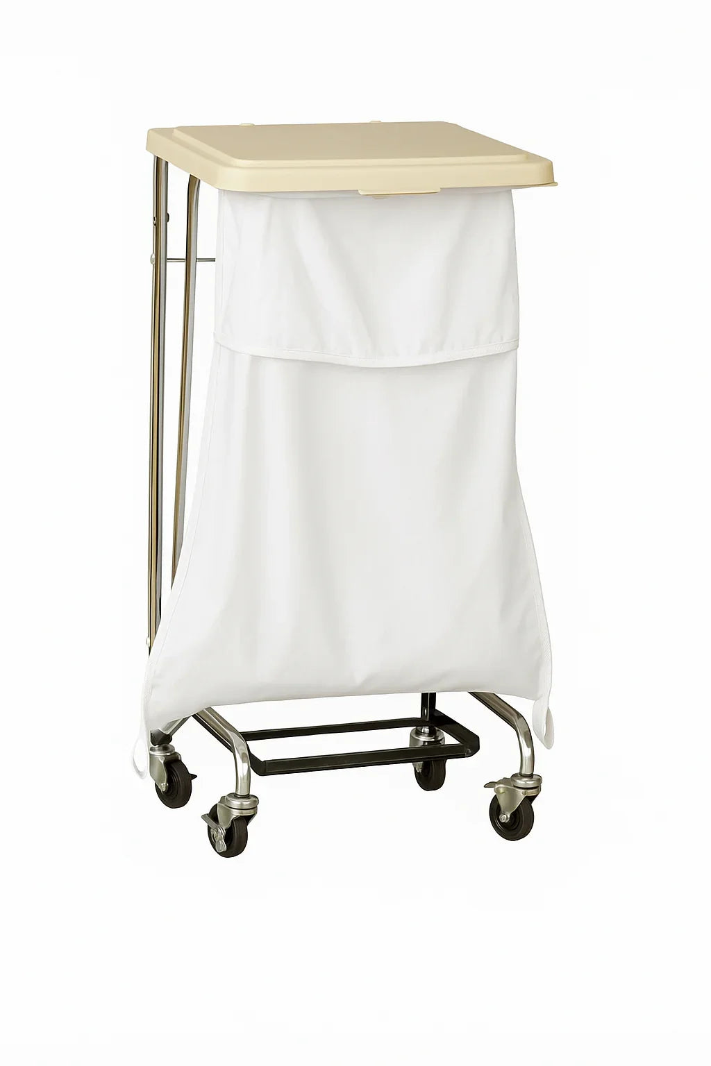 A white hooded self-closing fluid resistant laundry bag on wheels, with a wooden top.