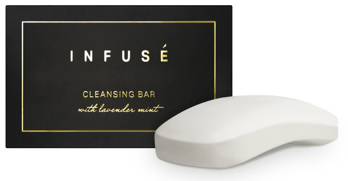 Product shot of cleansing bar by infuse in lavender mint scent. Shows box with soap bar on the outside.