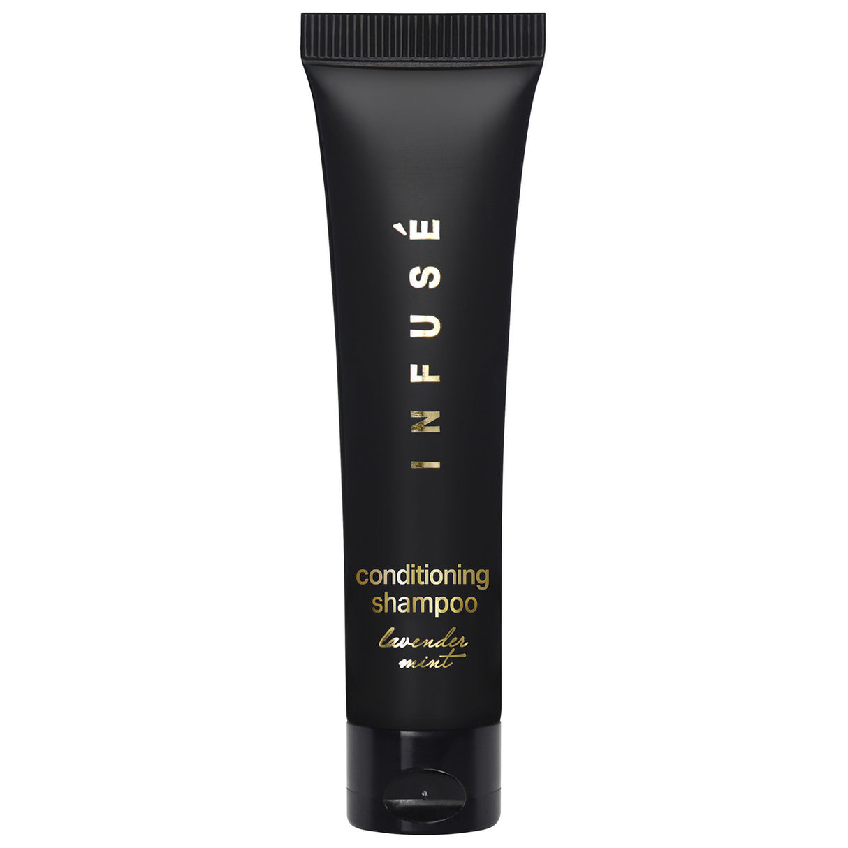 Product shot of sample size hotel amenity infuse conditioning shampoo in lavender mint scent. Black bottle with gold detailing.