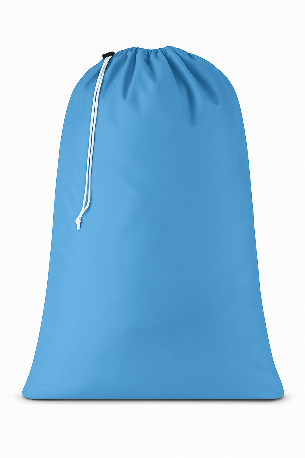 A blue impervious laundry bag with a drawstring closure.
