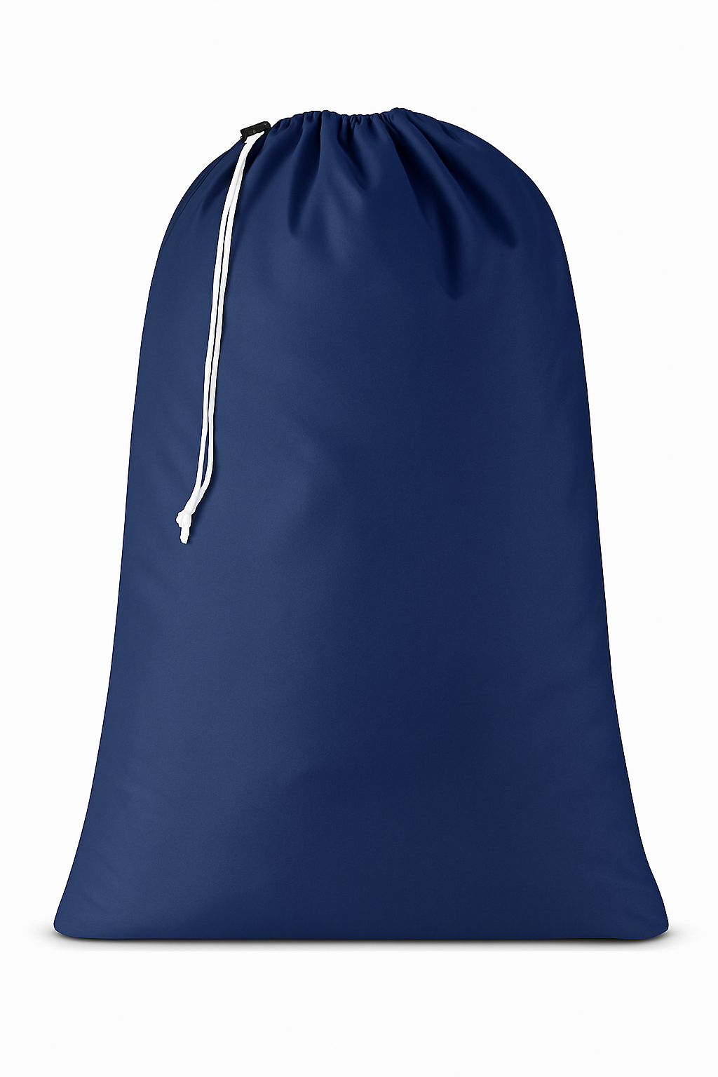 A blue impervious laundry bag with a drawstring closure.