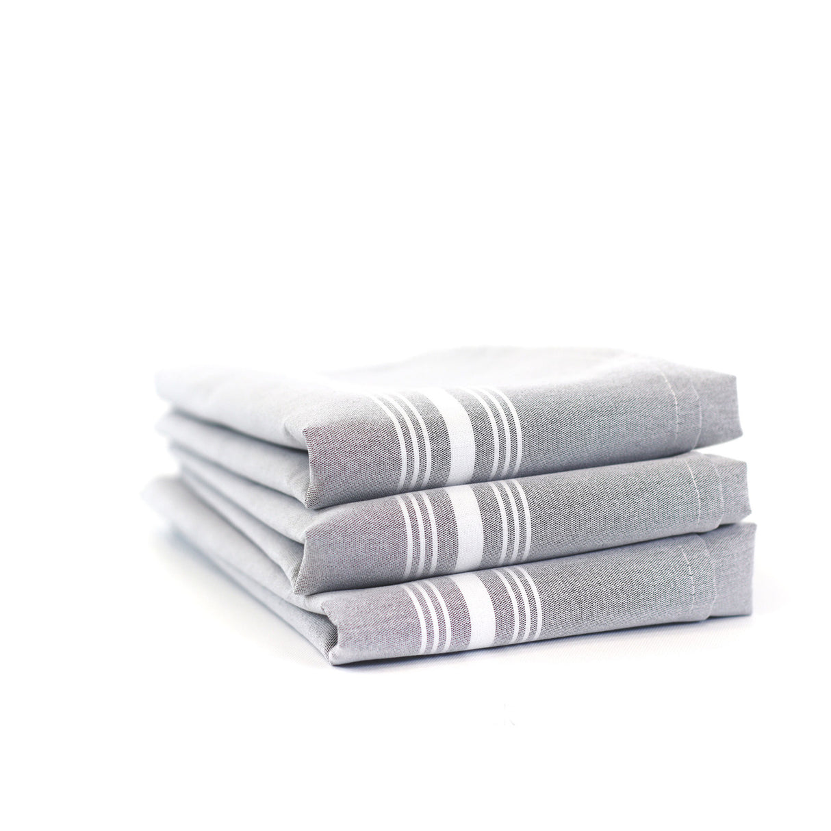 Stack of gray towels with white stripes on a white background