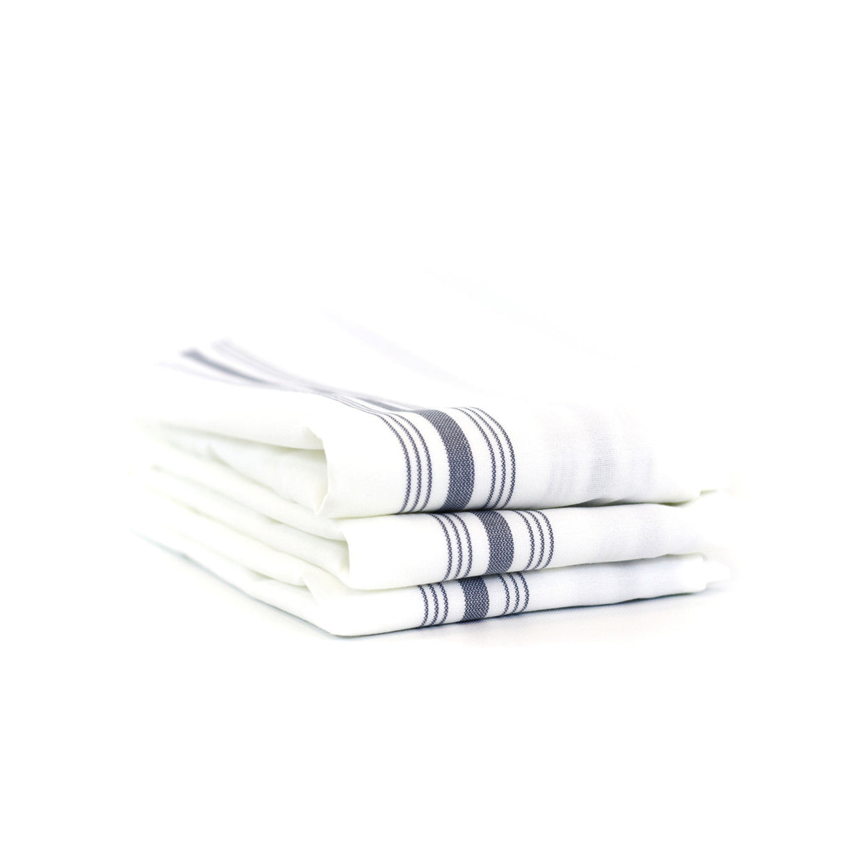 Stack of white towels with blue stripes on a white background