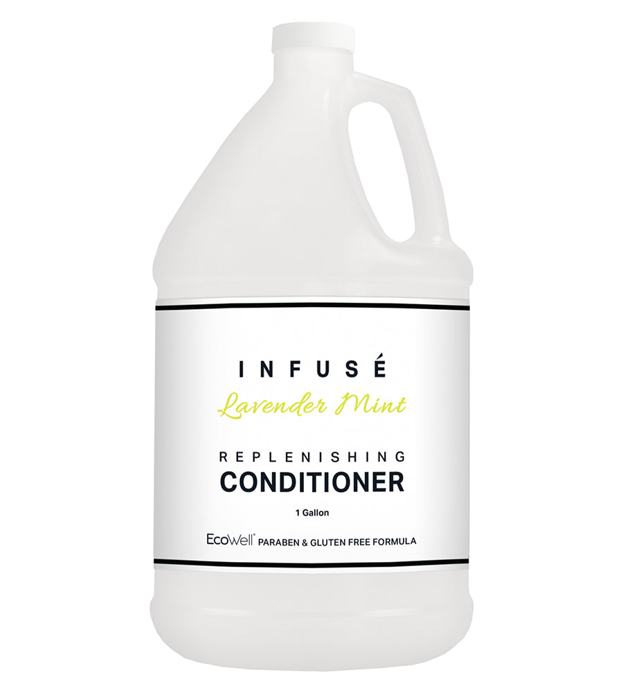 product shot of bulk bottle of infuse replenishing conditioner. 1 gallon size. scent is lavender mint. ecowell formula is paraben and gluten free.