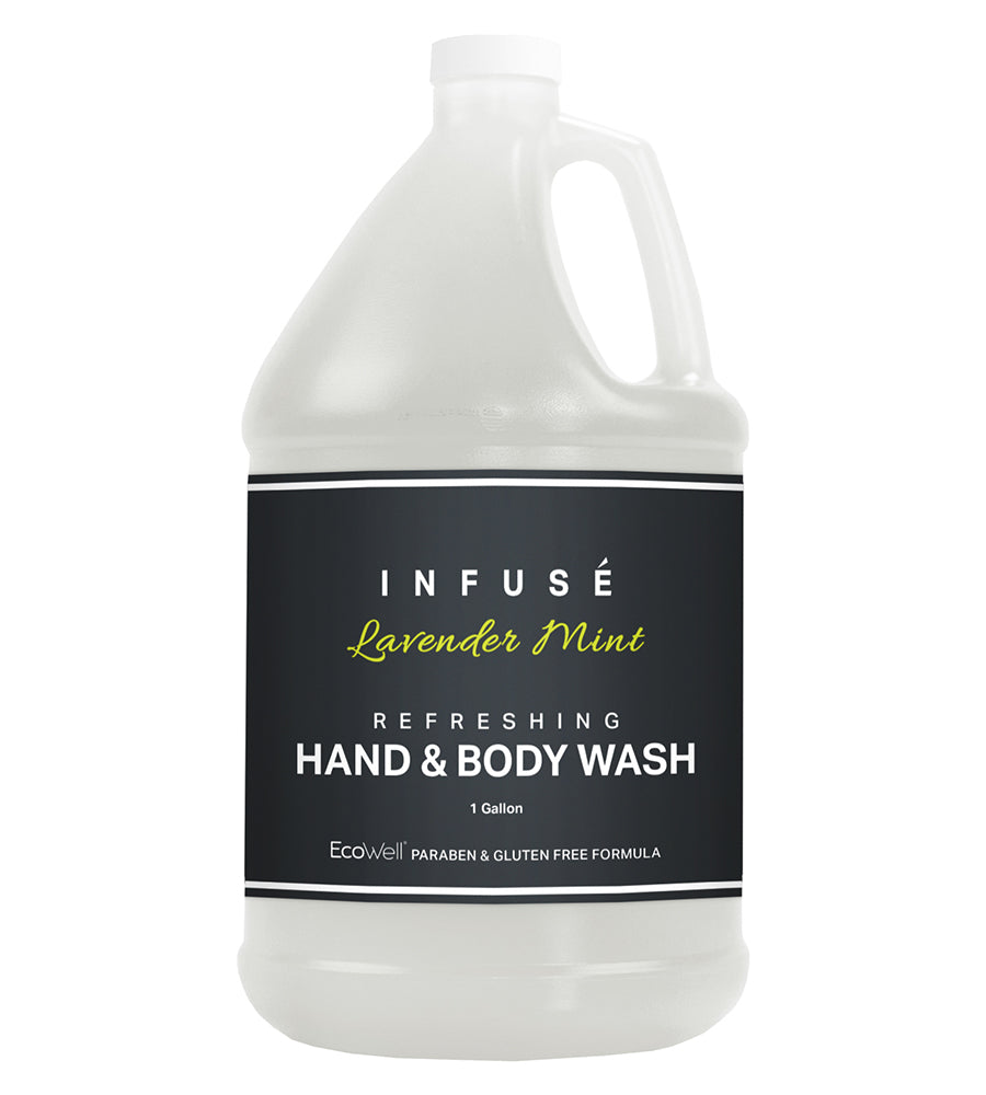 Product shot of bulk size infuse refreshing hand and body wash in a lavender mint scent. 1 gallon. Ecowell paraben and gluten free formula.
