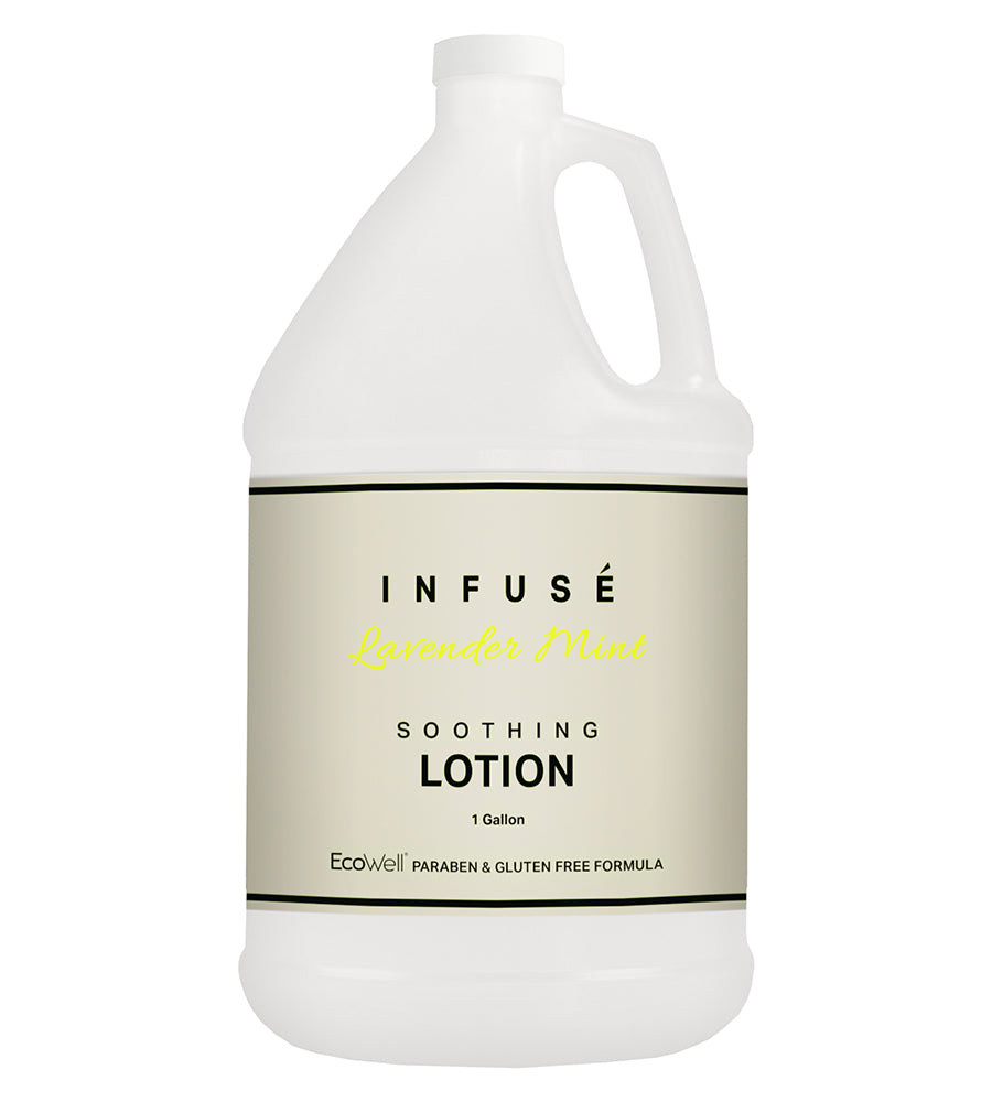 Bulk product shot of infuse soothing lotion in lavender mint scent. 1 gallon. Ecowell paraben and gluten free formula.