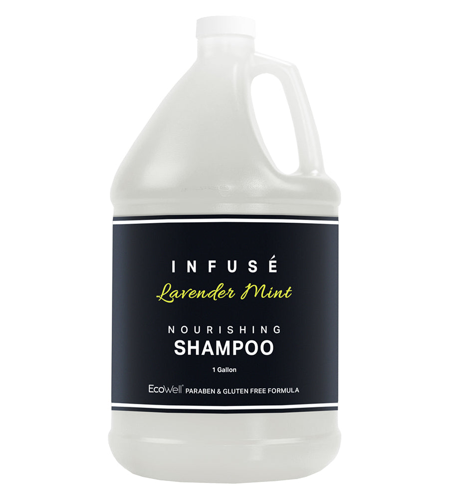 bulk product shot of infuse nourishing shampoo in scent lavender mint. 1 gallon, ecowell formula is paraben free and gluten free.