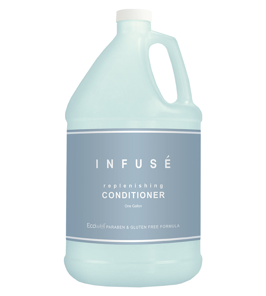 Product shot of Infuse conditioner bulk size hotel amenity with Ecowell paraben and gluten free formula. White background.