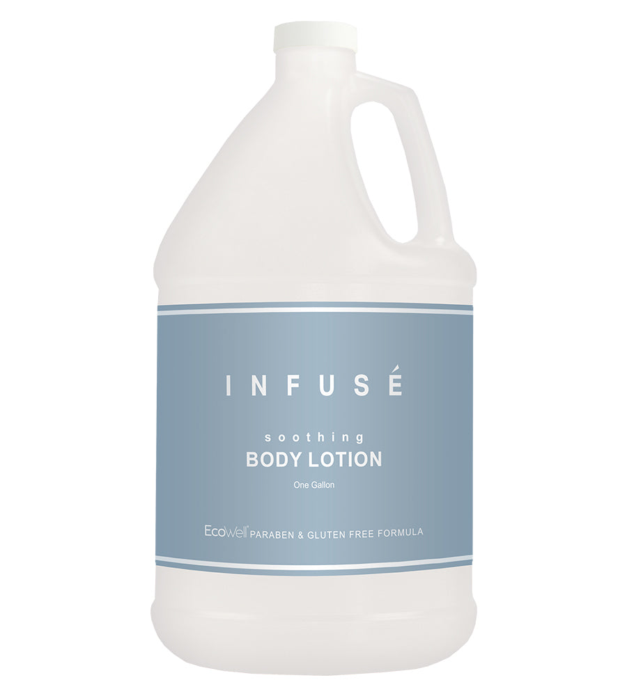 Product shot of bulk bottle hotel amenity infuse body lotion. Ecowell paraen and gluten free formula. White background.