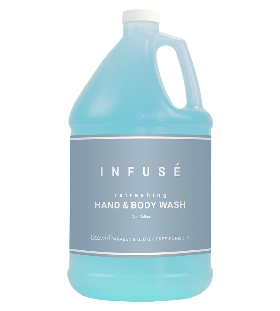 Product shot of Infuse refreshing hand and body wash with ecowell paraben and gluten free formula hotel amenity. One gallon, White background.