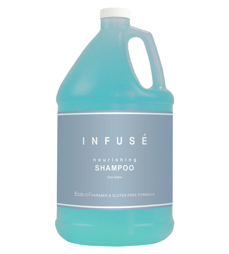 Product shot of Infuse nourishing shampoo hotel amenity. With ecowell paraben and gluten free formula. One gallon, white background.