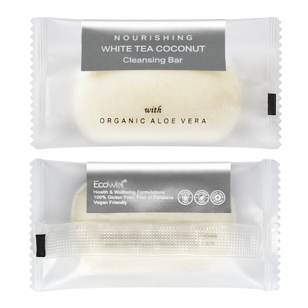 Product shot of hotel amenity cleansing bar with nourishing white tea coconut and organic aloe vera